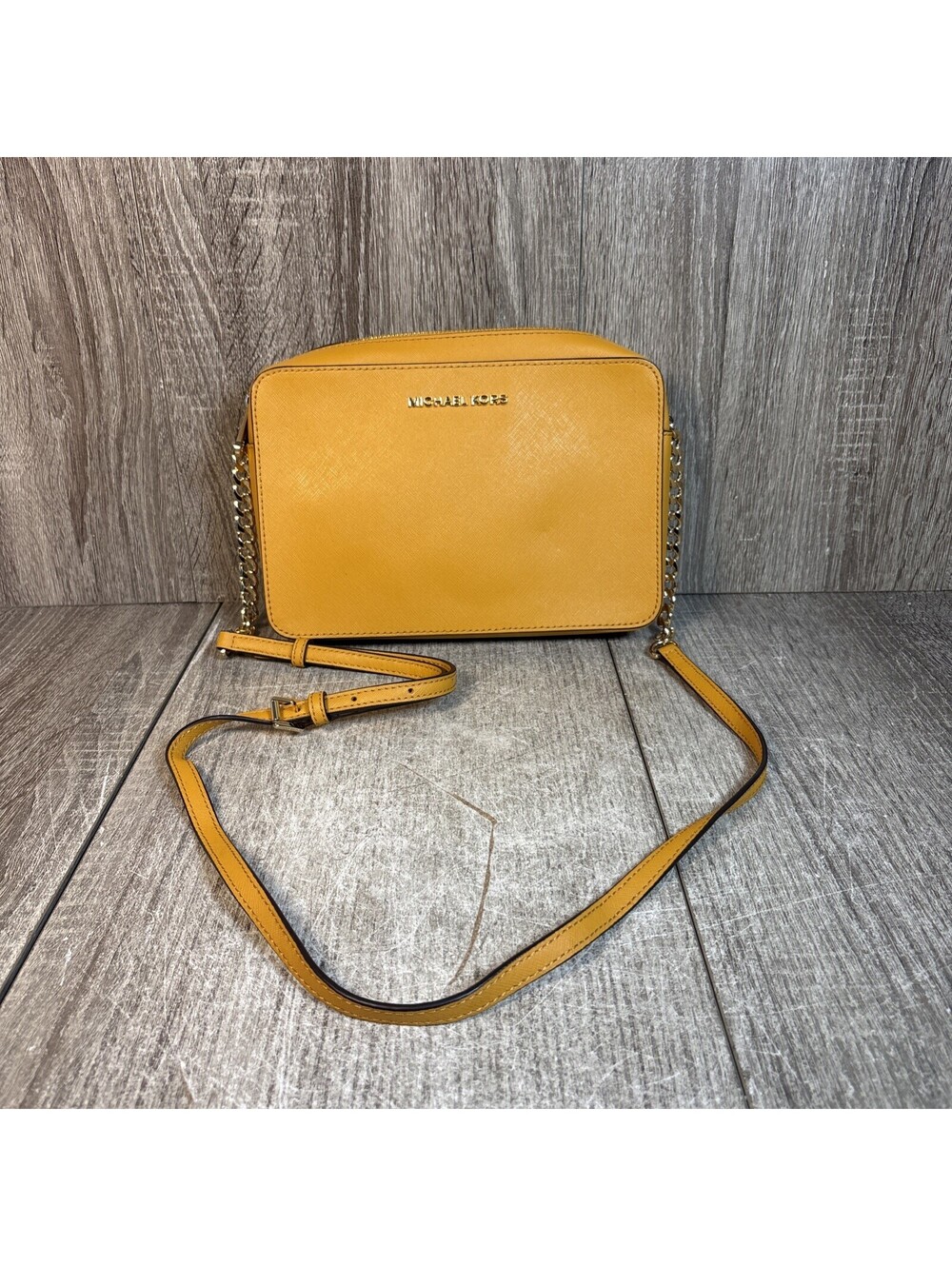 Michael Kors Jet Set Travel Yellow Saffiano Leather Crossbody Camera Bag Purse